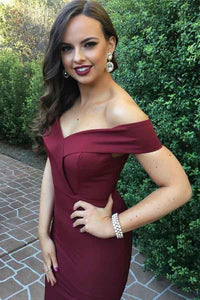 2024 Charming Off the Shoulder Burgundy Satin Mermaid Long Prom Dresses With Slit RS384