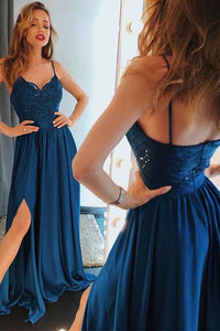Chic Spaghetti Straps Dark Blue V Neck Lace Prom Dresses