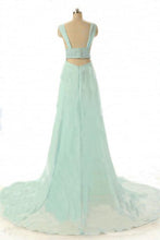 Load image into Gallery viewer, Hot Sale A-line V-Neck Beads Sleeveless Chapel Train Empire Green Chiffon Prom Dresses RS803
