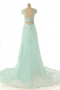 Hot Sale A-line V-Neck Beads Sleeveless Chapel Train Empire Green Chiffon Prom Dresses RS803