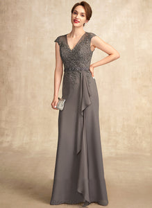 With the Floor-Length Bride Dress A-Line Cascading Mother of the Bride Dresses Mother Beading V-neck Lace Ruffles Chiffon Aniya of Sequins