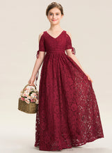Load image into Gallery viewer, A-Line V-neck Lace Bow(s) Isabelle Floor-Length Ruffle Junior Bridesmaid Dresses With