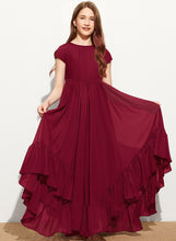 Load image into Gallery viewer, Junior Bridesmaid Dresses Neck Scoop A-Line Chiffon Floor-Length With Cascading Bow(s) Lace Appliques Ruffles Lyric