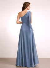 Load image into Gallery viewer, Floor-Length Fabric Bow(s) Silhouette Length A-Line One-Shoulder Embellishment Neckline Danika Natural Waist Spaghetti Staps Bridesmaid Dresses