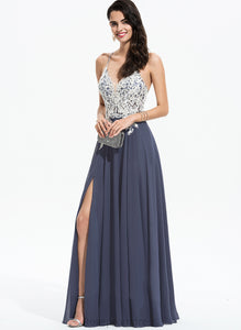 Chiffon With Sequins V-neck A-Line Beading Floor-Length Lesley Prom Dresses