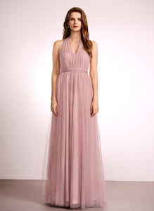 Neckline One-Shoulder Fabric Straps A-Line Length Silhouette V-neck Off-the-Shoulder Tulle Floor-Length Leslie Bridesmaid Dresses