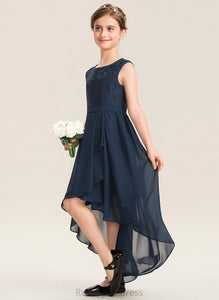 Bow(s) Junior Bridesmaid Dresses Ruffles With Chiffon A-Line Camille Asymmetrical Neck Scoop Cascading Lace
