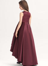 Load image into Gallery viewer, A-Line Satin Gabrielle Ruffle Scoop Junior Bridesmaid Dresses Asymmetrical With Neck