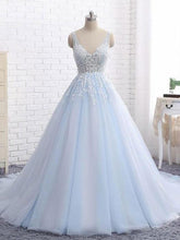 Load image into Gallery viewer, Sexy Ball Gown Tulle Sky Blue V-neck Appliques Brush Train Long Sleeveless Prom Dresses RS505