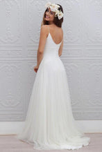 Load image into Gallery viewer, V-Neck Long Tulle A-line White Spaghetti Straps Backless With Bodice Wedding Dresses RS395