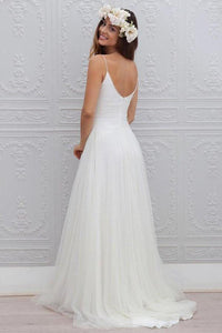V-Neck Long Tulle A-line White Spaghetti Straps Backless With Bodice Wedding Dresses RS395