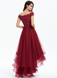 A-Line Lace With Bow(s) Dress Homecoming Dresses Off-the-Shoulder Jo Homecoming Beading Tulle Asymmetrical
