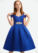 Load image into Gallery viewer, Beading Knee-Length A-Line Raven Satin Bow(s) Off-the-Shoulder With Junior Bridesmaid Dresses
