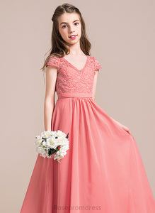 Chiffon Ivy Floor-Length V-neck Junior Bridesmaid Dresses Lace A-Line