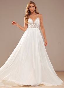 A-Line Sweep Lace With Sequins Wedding V-neck Dress Chiffon Wedding Dresses Beading Train Dixie