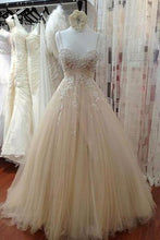 Load image into Gallery viewer, Ivory tulle lace sequins A-line dress with straps wedding dresses