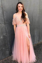 Load image into Gallery viewer, Pretty tulle lace V-neck slit off-shoulder long dress summer prom dresses RS812