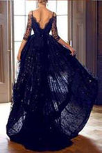 Load image into Gallery viewer, Elegant High Low Half Sleeves Sweetheart Black Backless Lace Evening Dresses RS820
