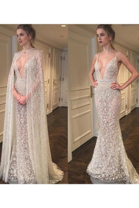 2024 Spaghetti Straps Wedding Dresses Mermaid Lace With Sash And Cape