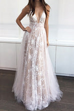Load image into Gallery viewer, 2024 A-Line/Princess V-Neck Floor-Length Tulle Sleeveless Applique Evening Dresses