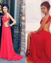 Load image into Gallery viewer, Red Backless Sexy Lace Unique Halter A-Line Slit Criss Cross Sleeveless Prom Dresses RS948