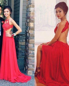 Red Backless Sexy Lace Unique Halter A-Line Slit Criss Cross Sleeveless Prom Dresses RS948