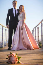 Load image into Gallery viewer, A Line Deep V Neck Beaded Bodice Blush Pink Prom Dresses, Evening Dresses SRS15487