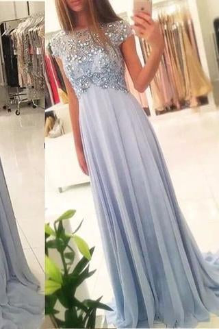2024 New Arrival Beaded Scoop Handmade Stones Long A-Line Chiffon Prom Dresses RS176