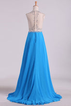 Load image into Gallery viewer, 2023 Scoop A Line Prom Dresses Beaded Bodice Chiffon &amp; Tulle With Slit