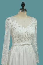 Load image into Gallery viewer, 2024 Long Sleeves A Line Scoop Wedding Dresses With Applique And Sash