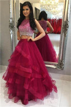 Load image into Gallery viewer, Modest 2 Pieces Beading Tulle Red Long Prom Dresses Party Dresses