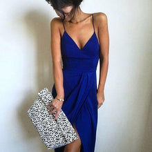 Load image into Gallery viewer, Long Royal Blue V-Neck Criss Cross Spaghetti Straps Slit Mermaid New Style Evening Dresses RS58