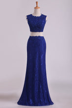 Load image into Gallery viewer, 2024 Sheath Open Back Two Pieces Prom Dresses Lace With Applique &amp; Beading Dark Royal Blue