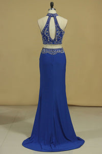 2024 Two Pieces High Neck Beaded Bodice Spandex Prom Dresses Dark Royal Blue