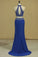 2024 Two Pieces High Neck Beaded Bodice Spandex Prom Dresses Dark Royal Blue