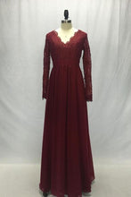 Load image into Gallery viewer, Long Sleeves V-Neck Lace Chiffon A-Line Maroon Prom Dresses Bridesmaid Dresses