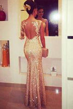 Load image into Gallery viewer, Mermaid Sweetheart Long Sleeves Gold Backless Evening Dresses with Appliques RS42