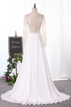 Load image into Gallery viewer, 2024 Bateau Wedding Dresses Long Sleeves A Line Chiffon With Applique And Slit