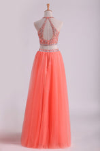 Load image into Gallery viewer, 2023 Two-Piece Halter A Line Prom Dresses Beaded Bodice Tulle Floor Length