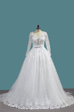 Load image into Gallery viewer, 2024 A Line Long Sleeves Tulle Wedding Dresses With Applique And Sash