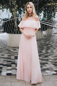 Charming Off Shoulder Ruffle Pink Chiffon Long Prom Dresses Bridesmaid Dresses SRS15114