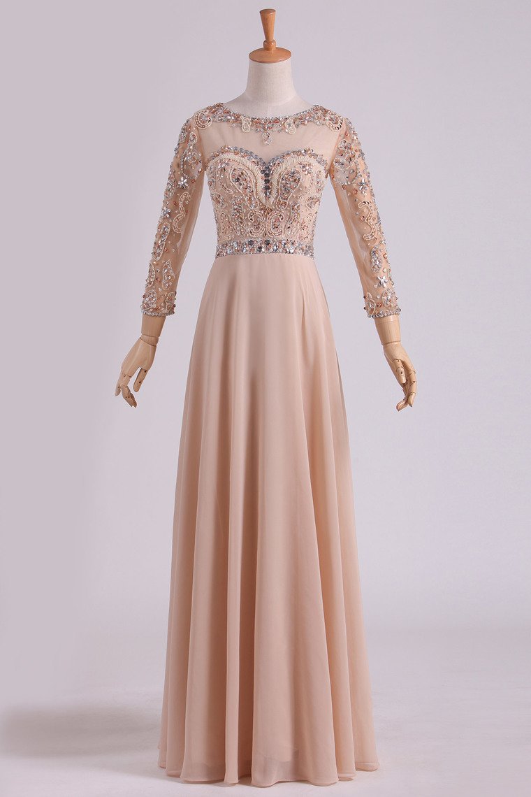 2024 Prom Dresses Scoop 3/4 Length Sleeve A Line Chiffon With Beads