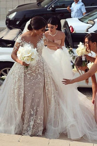 2023 Detachable Train Wedding Dresses Scoop Sheath Tulle With Applique