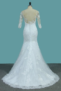 2024 Lace Mermaid Scoop Wedding Dresses With Applique Sweep Train