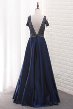 Load image into Gallery viewer, 2024 A Line Satin V Neck Beaded Bodice Prom Dress Open Back Floor Length