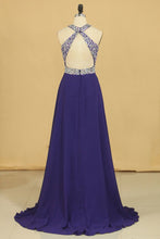 Load image into Gallery viewer, 2024 Halter Beaded Bodice Open Back Prom Dresses A Line Chiffon Sweep Train