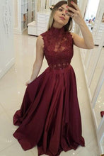 Load image into Gallery viewer, 2024 High Neck Prom Dresses A Line Satin Appliques With Beads Sweep Train