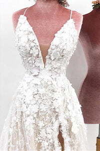 Unique Spaghetti Straps Lace Appliques V Neck Wedding Dresses, Long Wedding Gowns SRS15466
