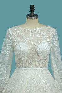 2024 Lace Wedding Dresses A Line Scoop Long Sleeves With Sash Court Train