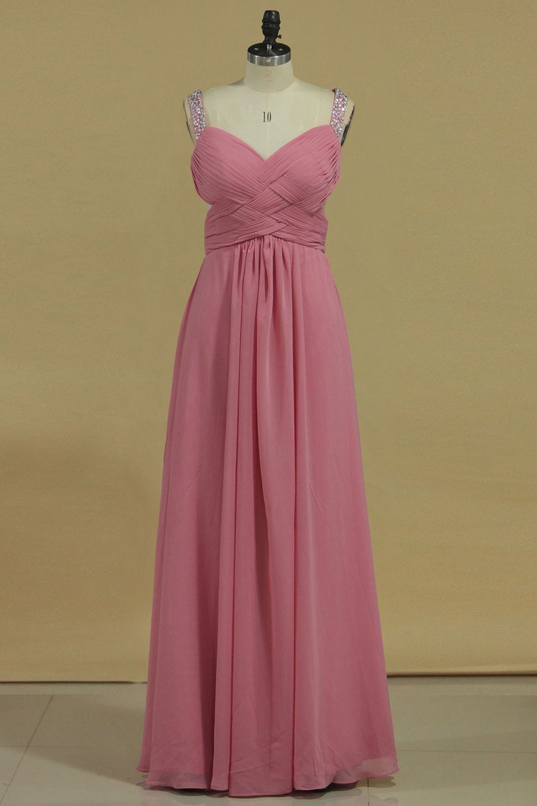 2024 Cross Back Straps A Line Prom Dresses With Beads Chiffon Floor Length